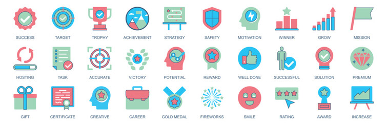 Aufkleber - Success icon set in flat color icons web design. Pack pictograms with target, trophy, achievement, strategy, safety, motivation, winner, grow, mission, hosting, victory, other. Vector illustration.