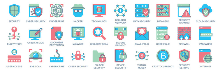Aufkleber - Cyber security icon set in flat color icons web design. Pack pictograms with fingerprint, hacker, technology, network, encryption, attack, document, protection, malware, other. Vector illustration.