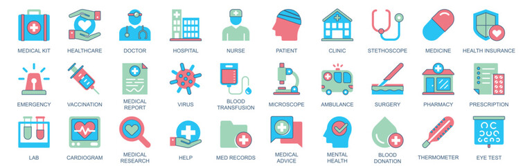 Leinwandbilder - Medical icon set in flat color icons web design. Pack pictograms with healthcare, doctor, hospital, patient, clinic, stethoscope, medicine, health, insurance, emergency, other. Vector illustration.