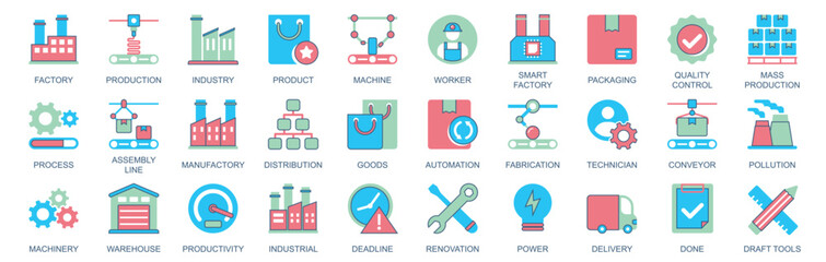 Leinwandbilder - Factory icon set in flat color icons web design. Pack pictograms with production, industry, product, machine, worker, packaging, quality control, progress, assemble line, other. Vector illustration.