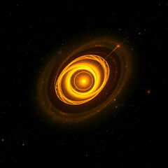 abstract yellow spiral cosmos object pulsar in dark space among stars, ray, emission