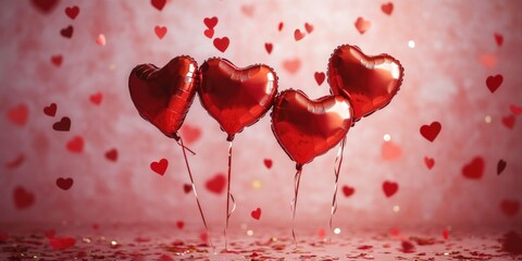 Wall Mural - Red heart-shaped balloons