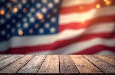Wall Mural - Rustic wooden table against blurred American flag with bokeh lights. Festive patriotic backdrop with stars, red white blue colors. Warm soft abstract visual for holiday celebration, independence day