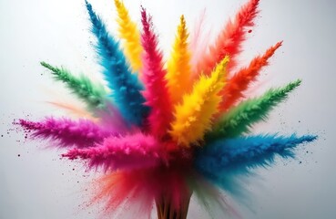 Poster - Bright explosion of colorful powder against white background. Vivid rainbow cloud of colors, abstract vivid burst. Celebration holi festival. Cosmetic beauty, creative design with colorful smoke