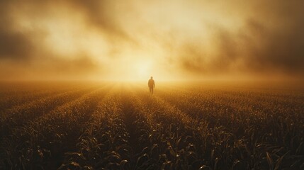 Poster - Misty morning in a cornfield with a farmer walking through golden light before harvest