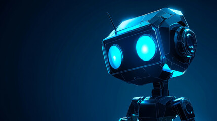 Abstract digital AI robot with neon eyes on dark blue technology background. 3D low poly wireframe chatbot. Cute character bot on tech bg. Vector polygonal illustration in light blue futuristic colors