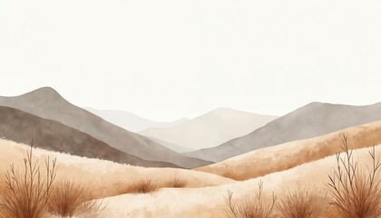 Aufkleber - Watercolor neutral minimalist landscape illustration. Muted brown shades. Abstract nature texture background. Modern wall art with mountain scenery. Minimal design with brown colors, shapes, hill,
