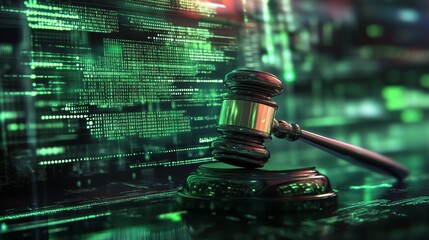 Gavel and computer code on a digital background for an online law or cyber court concept. 