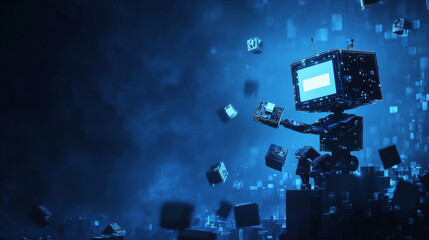  Abstract polygonal 3d illustration of computer screen and robotics in dark blue. Innovative web development, app or website design concept. Digital vector mesh with lines, dots, stars and particles
