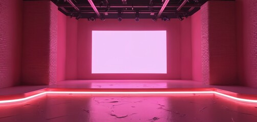 Aufkleber - Blank empty stage with large screen, neon lights for presentation. Pink colored modern studio interior with glossy floor, brick walls. Abstract architecture background. Great for event, concert show.