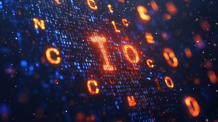 Digital letters IO, glowing code