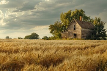 beautiful countryside landscape featuring a rustic house amidst golden fields under a blue sky with 