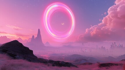 Wall Mural - Surreal Landscape with Portal and Pink Hues, Fantasy SciFi Concept, Dreamy Celestial Scene