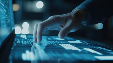 Close-up of hand interacting with glowing computer screen displaying code at night.