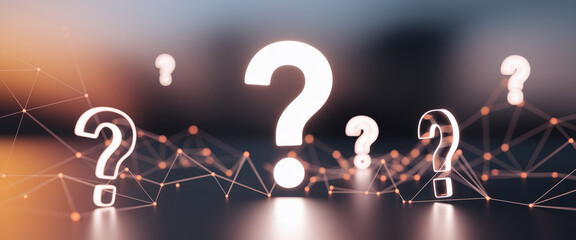 Wall Mural - glowing question marks on a dark background with an abstract network, symbolizing uncertainty, inqui
