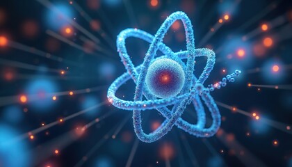 Fototapete - Science tech background featuring detailed atom model with flying electrons in blue shades. Conceptual design suits scientific research, physics, chemistry projects, molecular structure, energy
