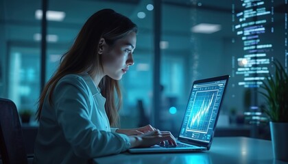 Leinwandbilder - Young woman analyzes data on laptop in modern office. Software developer works with analytic charts. Data science specialist looks at code. IT engineer plans cybersecurity strategy, using laptop.