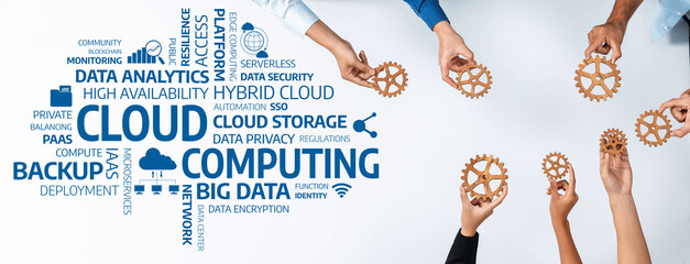 Fototapete - A diverse team collaborates on cloud computing and data analytics concepts, showcasing gears symbolizing technology trends and innovative solutions in modern business. Amity