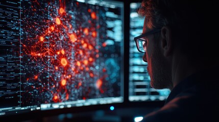 Focused programmer analyzing complex data network on multiple computer screens at night.