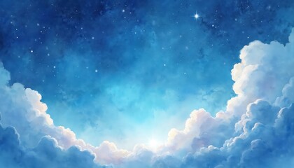 Aufkleber - Watercolor blue sky background with clouds and sparkling stars. Galaxy universe illustration. Azure light, white cloudscape and night sky. Dreamy celestial wallpaper. Fantasy space, light backdrop.