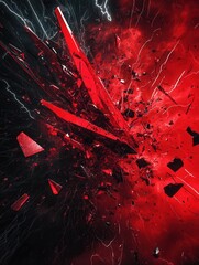 Poster - Dramatic stormy sky with red and black abstract background featuring lightning bolts and shattered glass fragments creating an intense cinematic mood