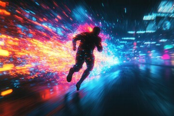 Poster - Sprinter dashes through neon bursts in a cyberpunk city, creating a dynamic visual of motion and energy at night