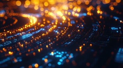 Wall Mural - futuristic circuit board with glowing lights and data flow visuals