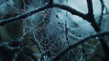 A close up of a spider web with dew in soft focus showing intricate patterns and details
