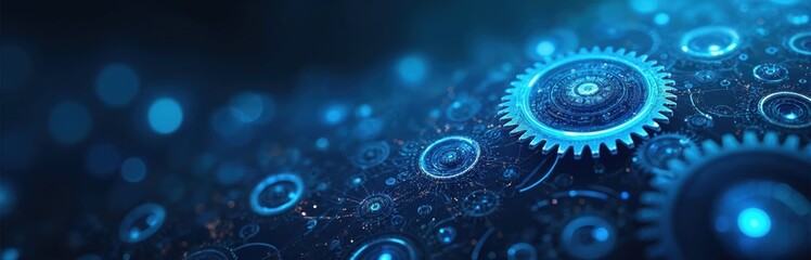 Poster - Abstract blue digital tech background with gears, cogs. Dark color palette, mechanical arrangement. Teamwork symbol, engine, industry concept, business. Steel factory power equipment. Shiny