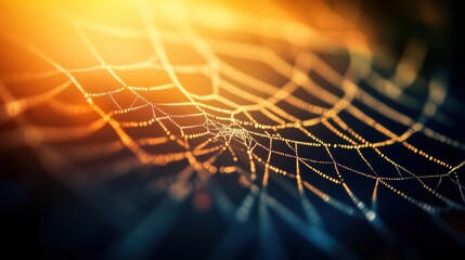 Wall Mural - Beautiful spider web in wild field with dew in morning in Spring.