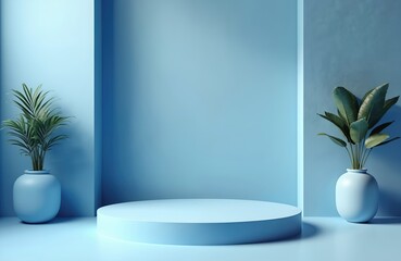 Aufkleber - Blue podium mockup, 3D display stand, platform pedestal. Interior room wall, light design, blank shelf. Three-dimensional architecture business gallery floor. Home display, bathroom background.