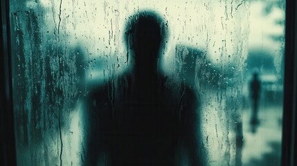 Aufkleber - Melancholic reflections of a lonely figure behind a rain-speckled window in a softly lit atmosphere