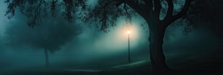 Poster - Misty forest ambiance with eerie fog and glowing lamp illuminating twisted trees at twilight
