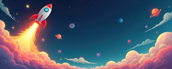 Wall Mural - vibrant cartoon rocket soars up leaving fiery trail against backdrop of colorful planets, fluffy clo