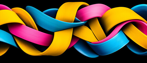 Intertwined Pink Cyan And Yellow Ribbons Form An Abstract Design On A Black Background