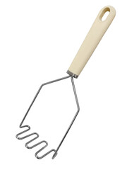 stainless steel potato masher with white handle isolated