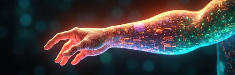 Aufkleber - Side view of arm with multicolor holographic circuit pattern in cyberpunk setting. Hightech digital art with advanced colors for sci-fi, innovation backgrounds, presentation templates.