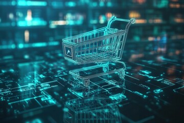 Aufkleber - Futuristic floating shopping cart in digital space showcases cyberpunk aesthetics and glowing holographic interface