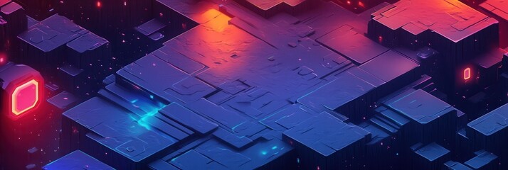 Poster - Isometric gaming-inspired background featuring stylized terrain and dynamic lighting effects in a vibrant virtual landscape