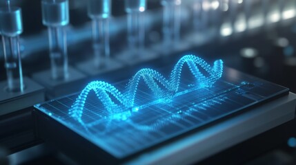 Aufkleber - A sophisticated bio-computer setup displays intricate data visualizations in glowing blue light. It captures bioinformatics processes, showcasing waves and signals indicative of advanced analysis.