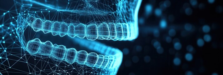 Aufkleber - High-tech 3D wireframe model of dental arch with braces in blue futuristic design