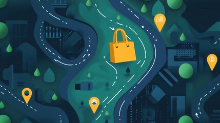 Aufkleber - Delivery route map illustration featuring grocery bag icon and location pins in a clean design