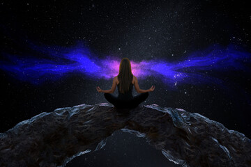 Wall Mural - Photomontage of silhouette of woman with universe background	