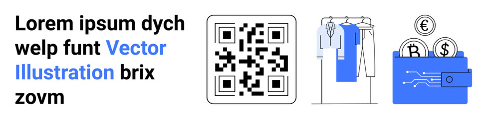 QR code, clothes on hangers, and digital wallet with coins. Ideal for e-commerce, digital payments, online shopping, fashion industry, fintech retail marketing QR technology. Landing page
