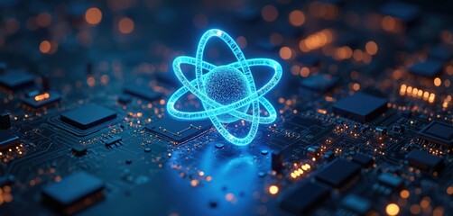 Poster - Digital atom model with glowing lines, circuit background. Futuristic technology concept with blue neon lights, copy space. Abstract design visualisation with quantum, research, physics elements.