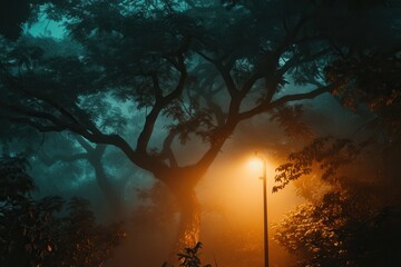 Poster - Misty forest at dusk with eerie fog wrapping around twisted trees and a dim lamp illuminating the path ahead