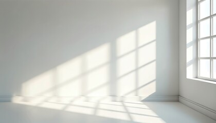 Aufkleber - Bright empty minimalist interior with sunlight shadows through window creating geometric shapes on wall floor. White modern architecture indoor space provides abstract design, texture, peaceful clean