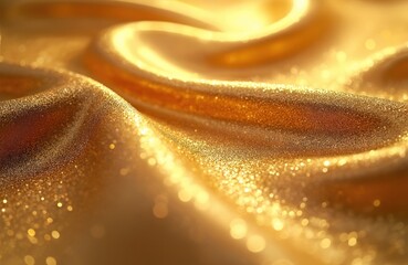 Wall Mural - Shiny gold fabric with glitter texture. Golden shimmering folds. Perfect rich backdrop for festive designs luxury product advertising. Abstract metallic cloth waves. Glowing material great for party.