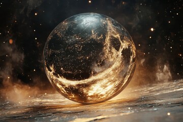 Wall Mural - spinning moon sphere representing a galaxy with solar system features in deep space, spinning moon s