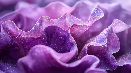 Poster - Close-up view of soft purple petals displaying delicate textures and water droplets shining under soft lighting